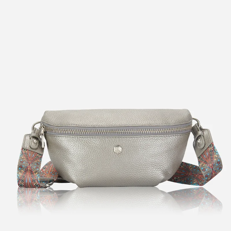 Slim Ladies Leather Waist Bag, Metallic Silver