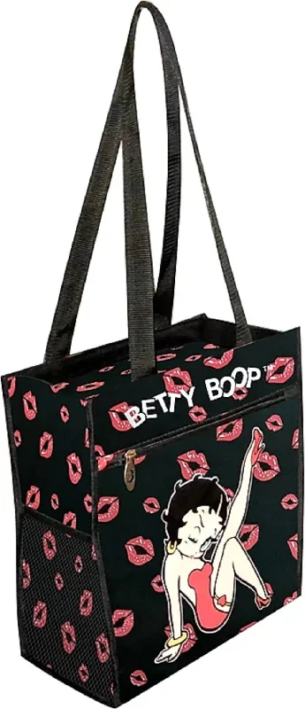 Women's Polyester Shopping Bag In Black/red Kisses