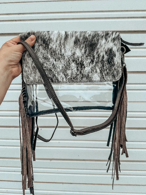 Fringe Cowhide Stadium Crossbody in Black