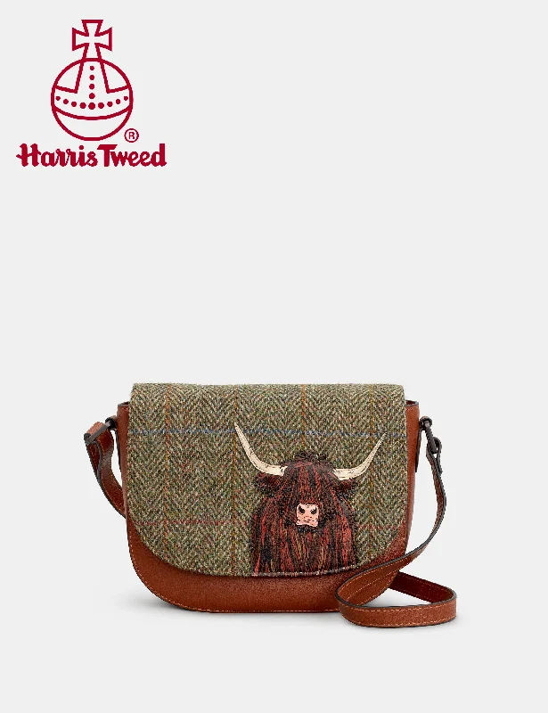 Highland Cow Harris Tweed & Brown Leather Flap Over Cross Body Bag