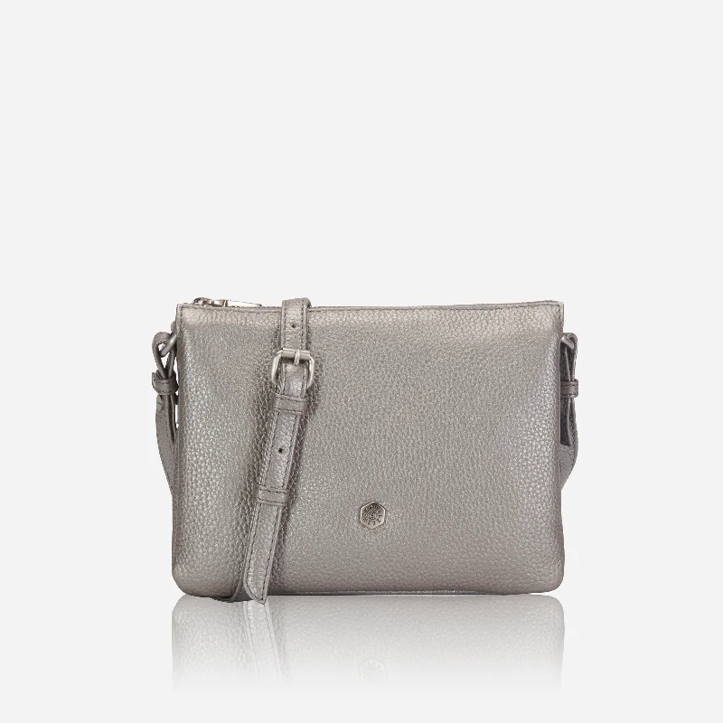 Slim Ladies Leather Crossbody, Metallic Silver