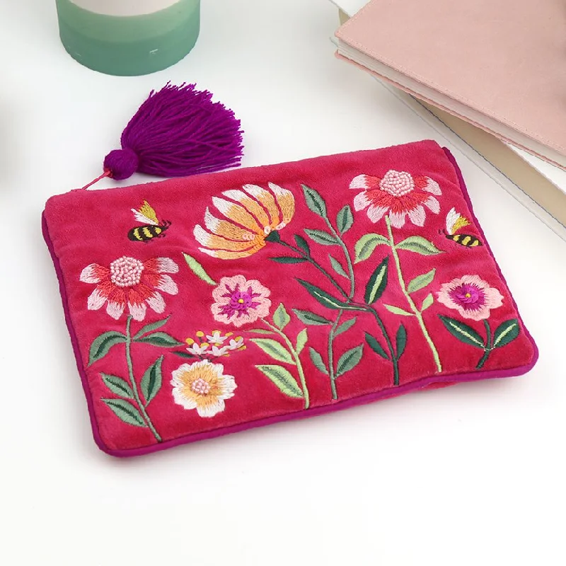 81587 Fuchsia Floral Bee Flat Velvet Purse By Pom