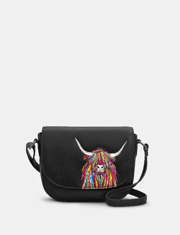 Highland Cow Black Leather Flap Over Cross Body Bag