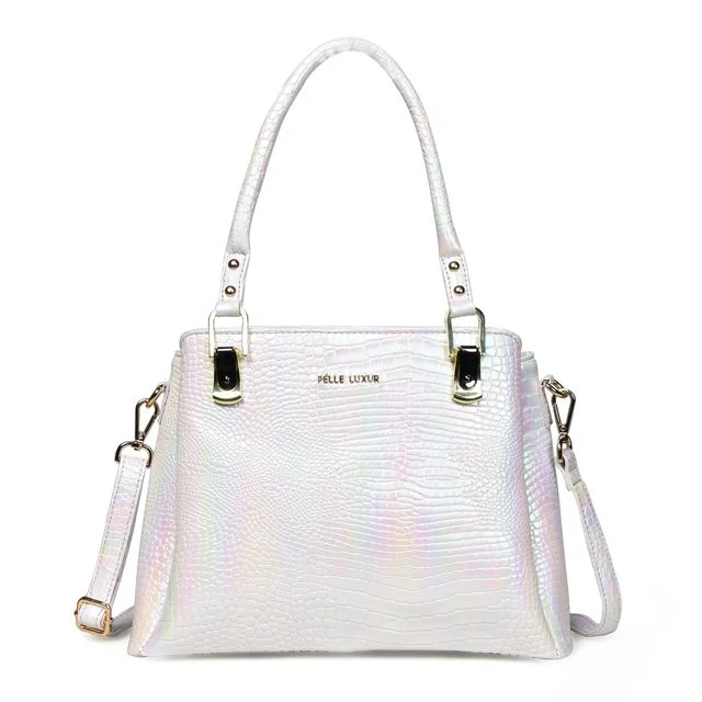 Pelle Luxur Women's White, Premium PU Satchel Bag, Medium Size with Zipper Closure