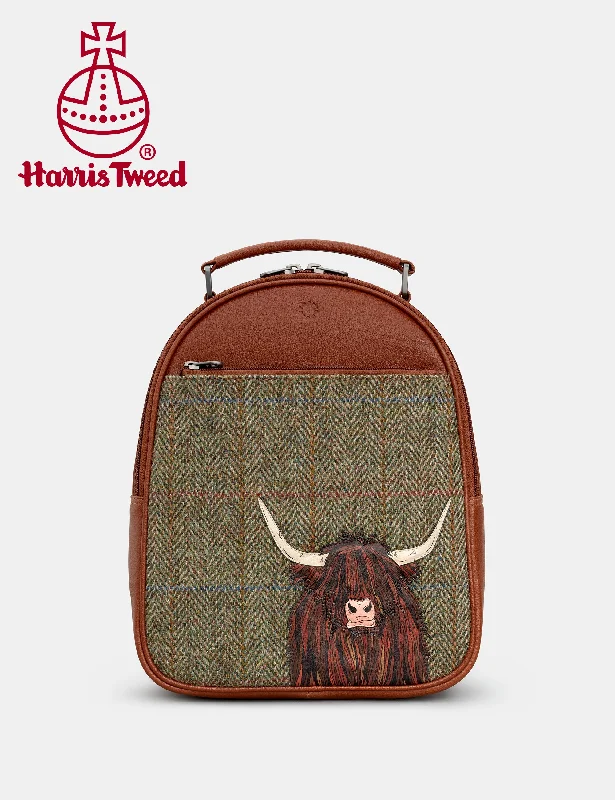 Highland Cow Harris Tweed & Brown Leather Backpack