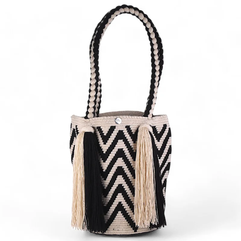 Handmade Black and White Tote Bag with Long Tassels