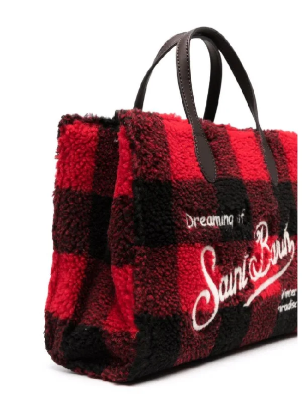 MC2 St. Barth Women's Red Black Check Wool Leather Tote Handbag