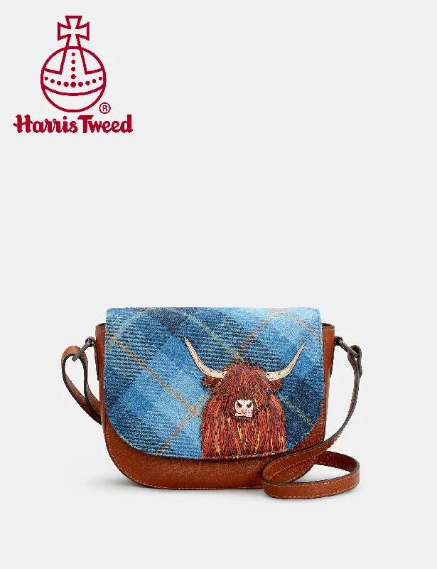 Highland Cow Harris Tweed & Leather Flap Over Cross Body Bag