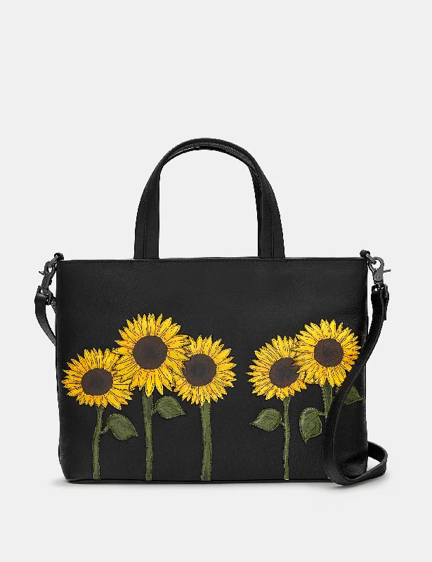 Sunflowers Black Leather Multiway Grab Bag