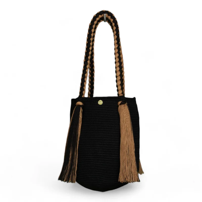 Handmade Black and Beige Tote Bag With Long Tassels