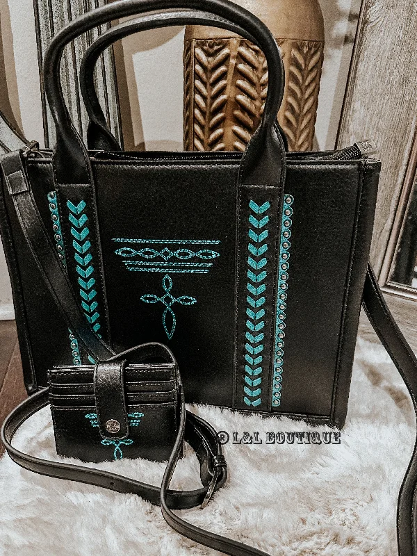 Stitched Conceal Carry Tote Purse with Matching Wallet (Black & Turquoise)