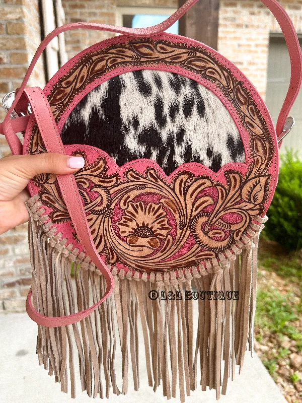 Sanora Cowhide Round Crossbody in Pink