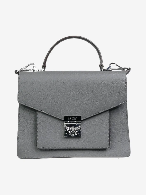 Grey textured leather top-handle bag with silver hardware