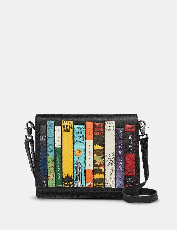 Bookworm Black Leather Flap Over Cross Body Bag