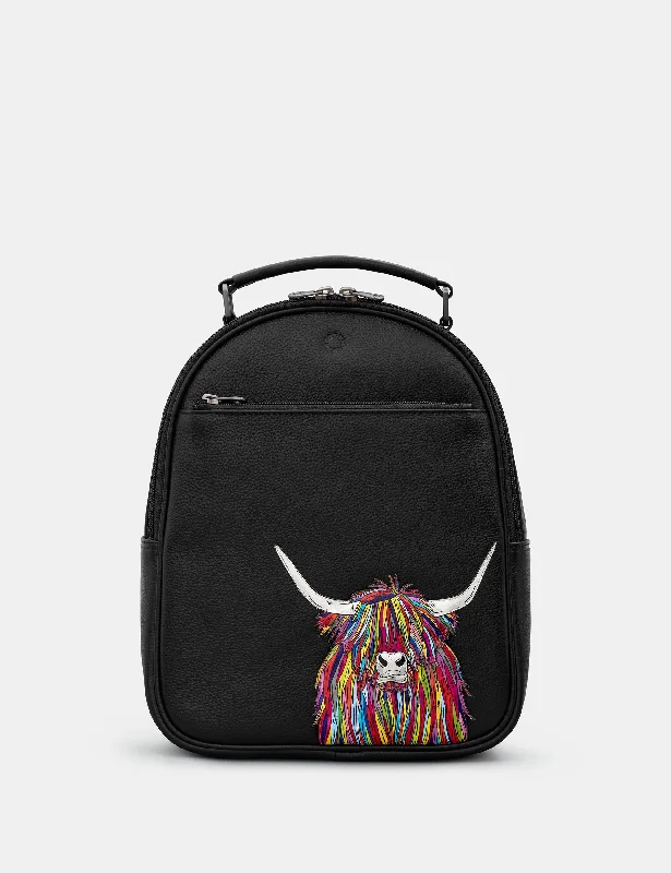 Highland Cow Black Leather Backpack