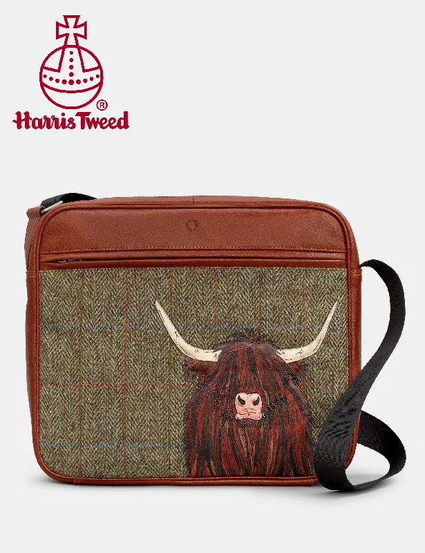 Highland Cow Harris Tweed & Brown Leather Messenger Bag