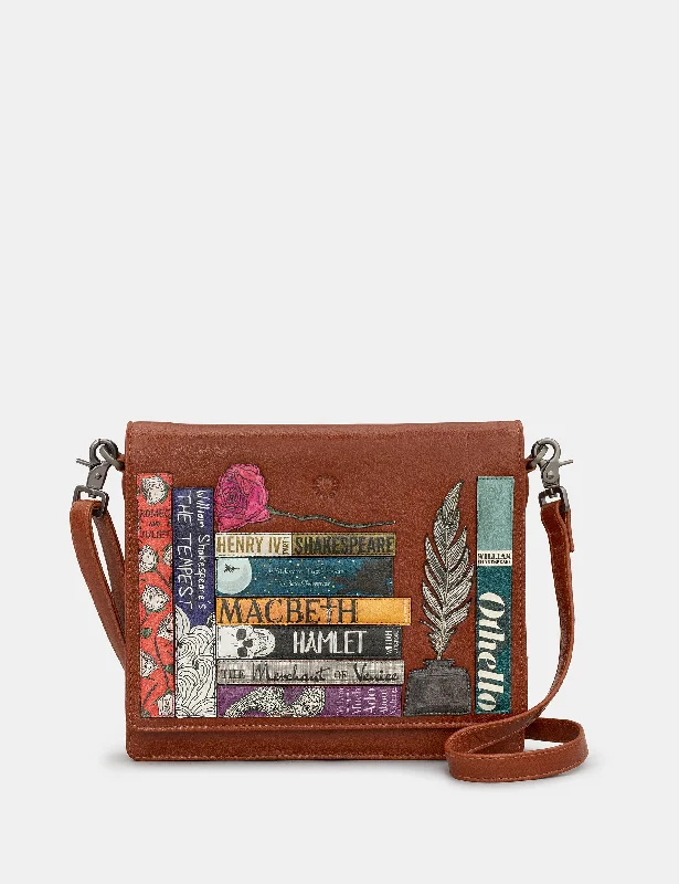 Shakespeare Bookworm Brown Leather Flap Over Cross Body Bag