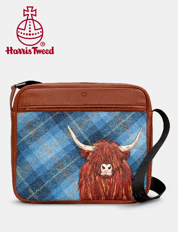 Highland Cow Harris Tweed & Leather Messenger Bag