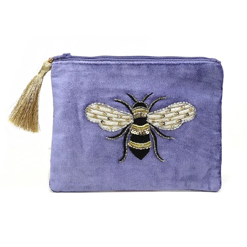 81513 Cornflower Embroidered And Beaded Bee Flat Velvet Purse By Pom