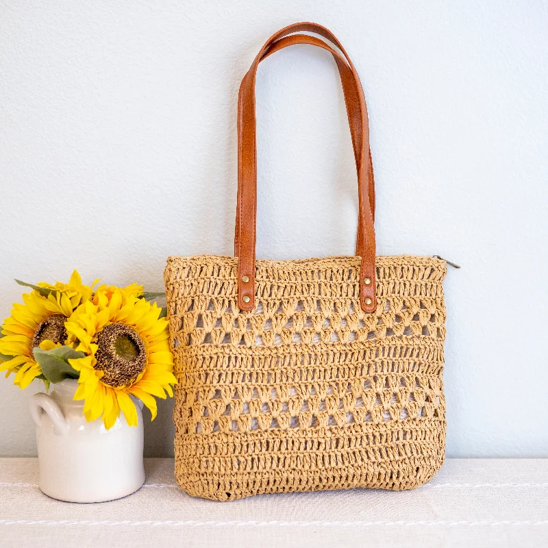 Elena Handbags Patterned Straw Woven Tote Bag