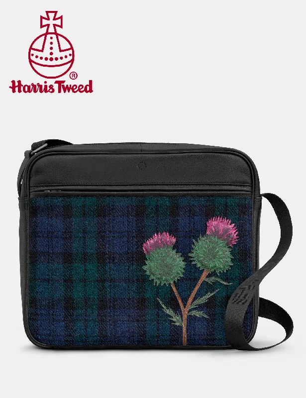 Highland Thistle Harris Tweed & Black Leather Messenger Bag