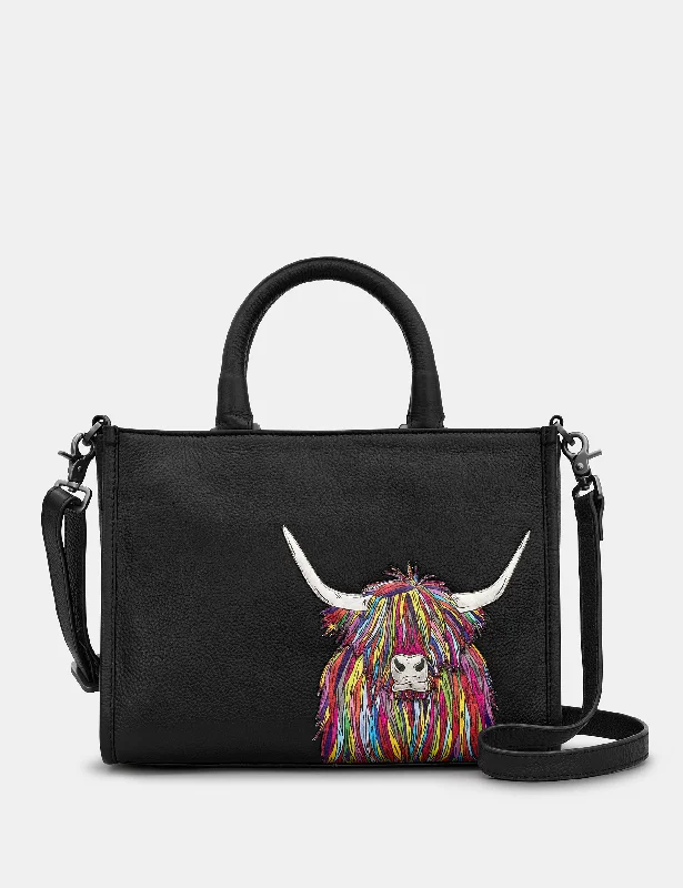 Highland Cow Black Leather Multiway Grab Bag